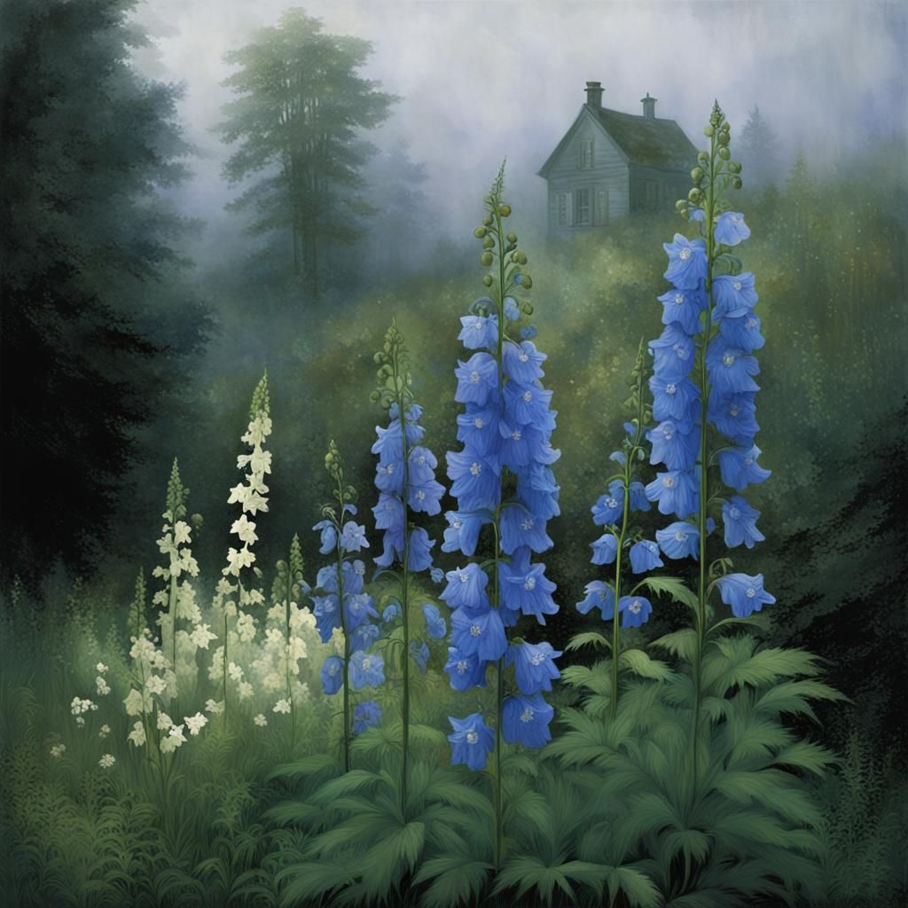 Delphinium and Monkshood Flowers in Atmospheric Style