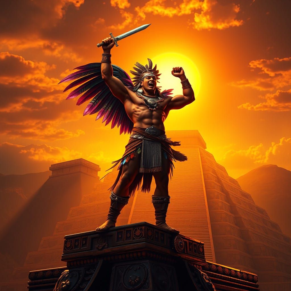 Majestic Aztec Warrior on Stepped Pyramid
