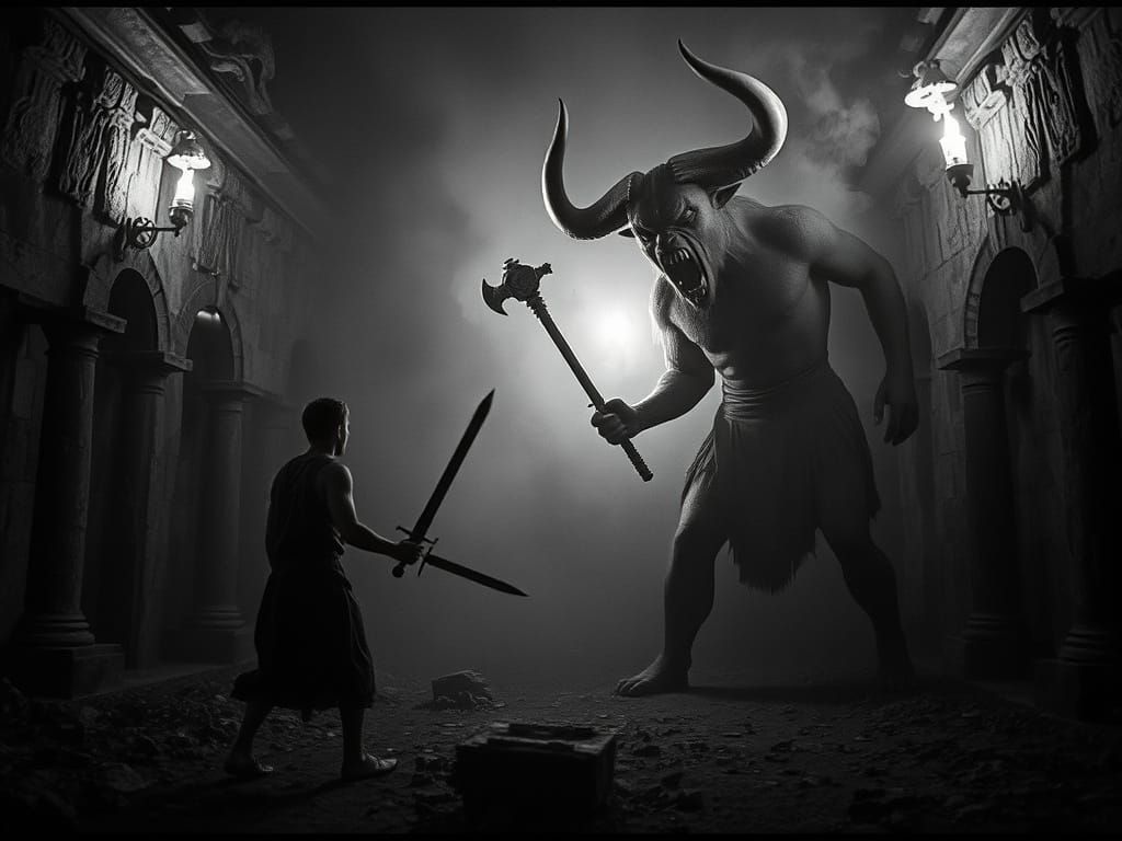 Minotaur Battle in Dark Labyrinth