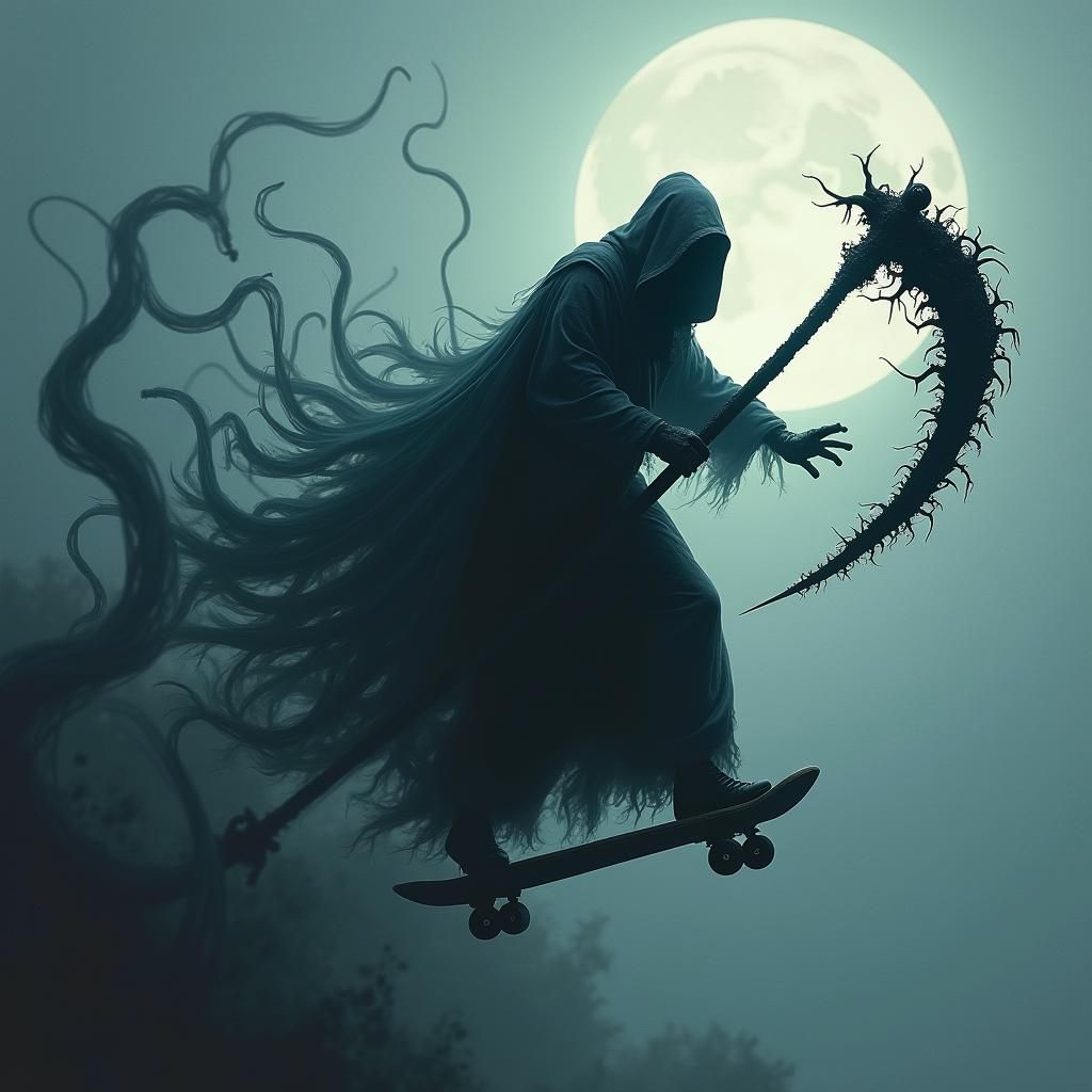 Grim Reaper Skateboarding in Dark Fantasy Style