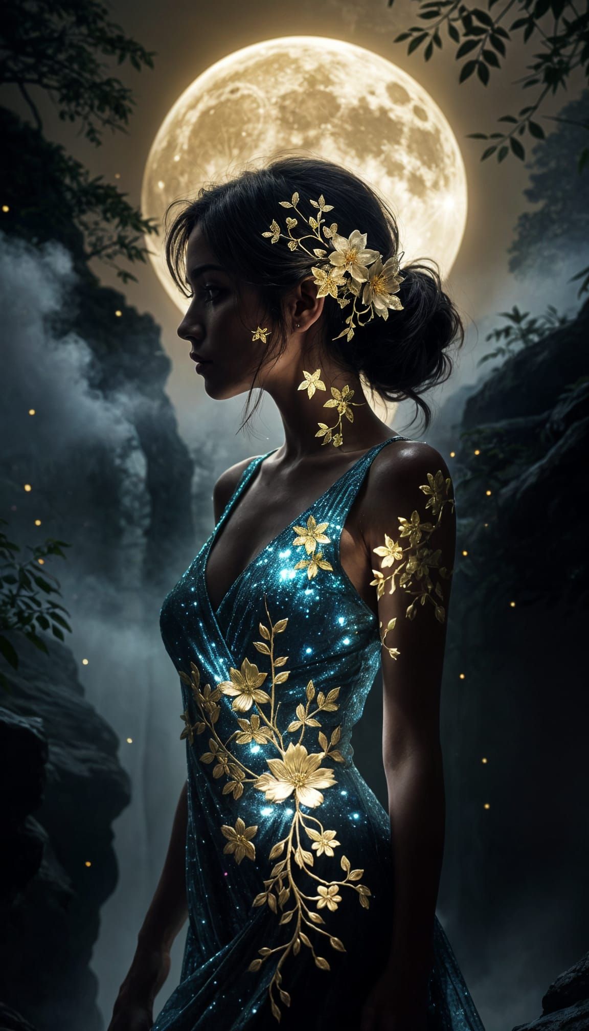 Floral Woman Silhouette with Moonlit Forest