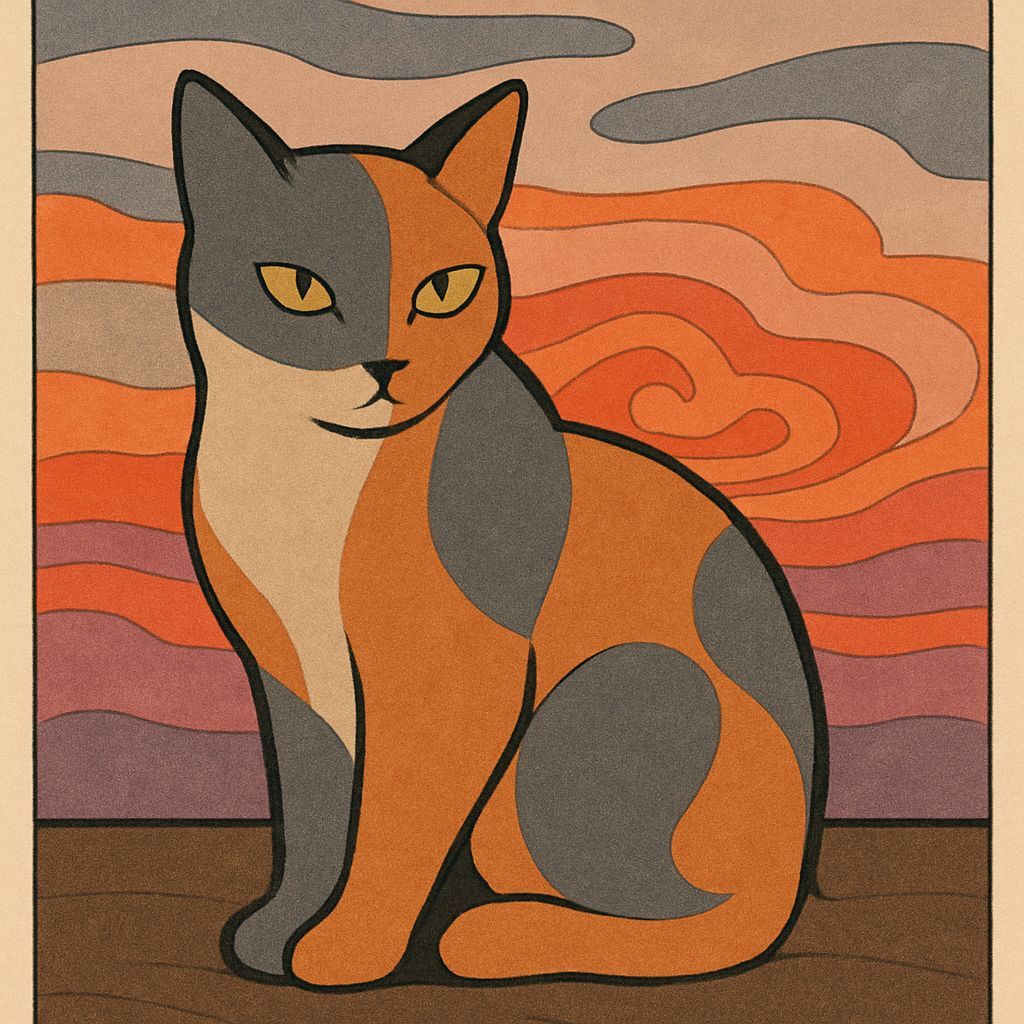 Abstract Cat in Japanese Woodblock Style
