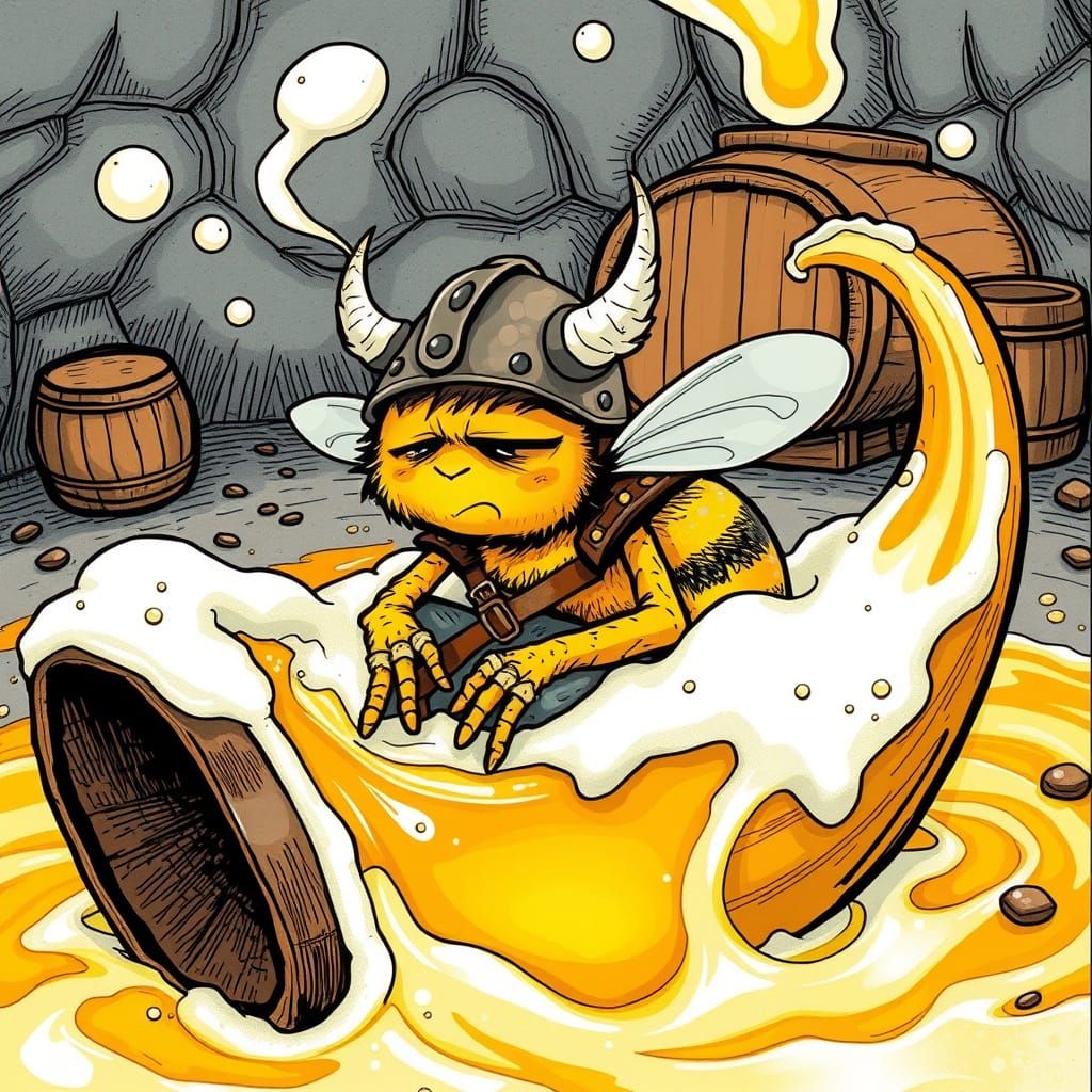 Anthropomorphic Bee in Mead Horn, Whimsical Comic Art