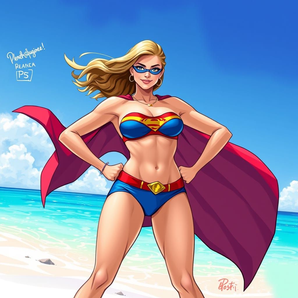 Supergirl in a Vibrant Comic Book Beach Scene