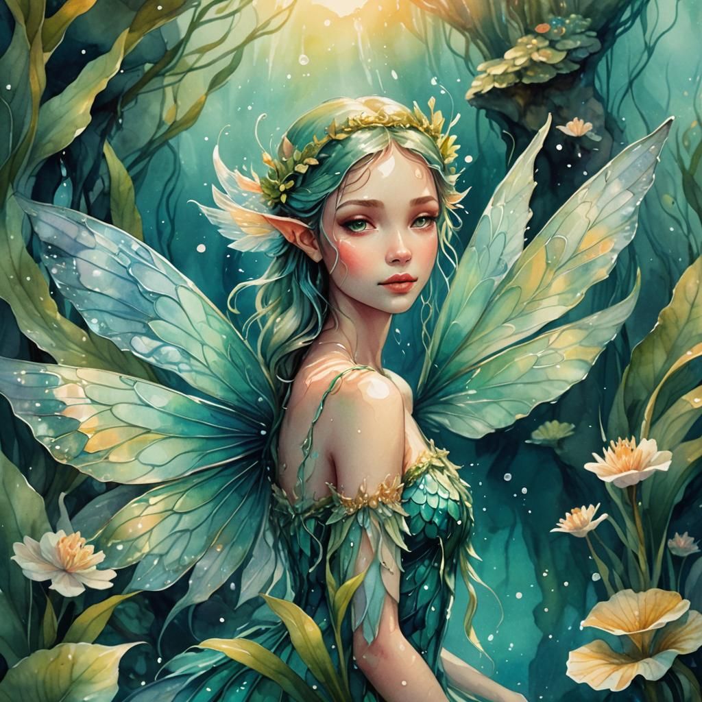 Enchanting Water Fairy in Underwater Cave, Watercolor Art