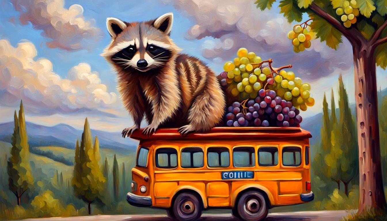 A Raccoon Driver Cruises Through Funky Town in an Oil Painti...