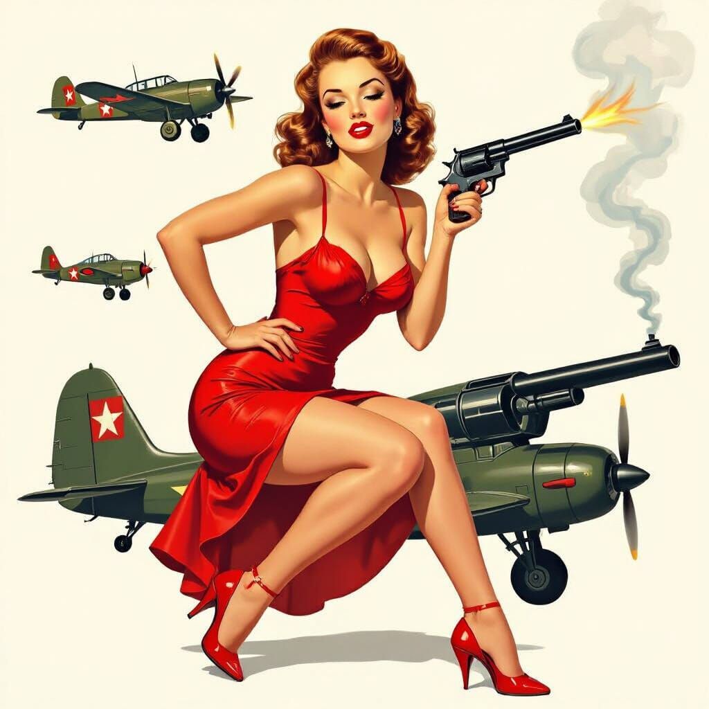 Vintage Pin-Up Girl with Smoking Pistol, 1940s Style