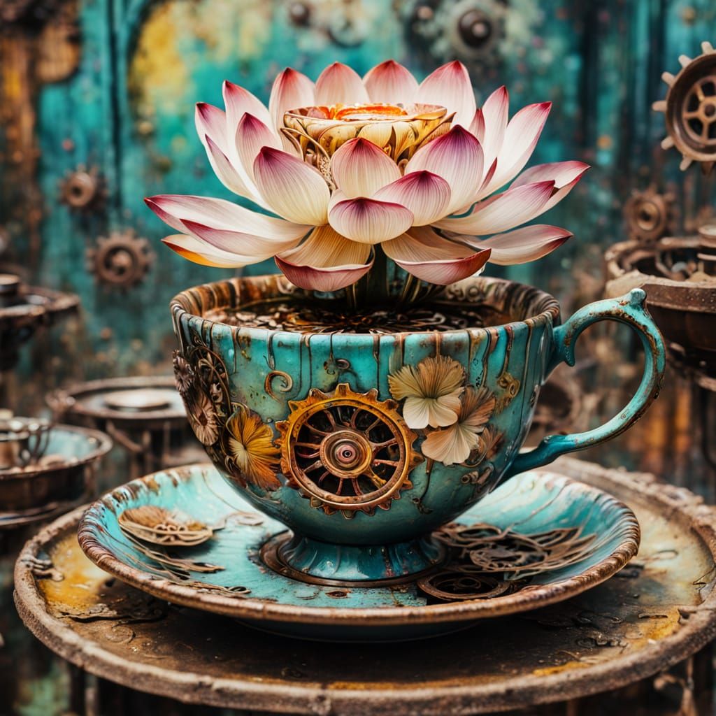 Steampunk Lotus in Teacup: Graffiti Art Style