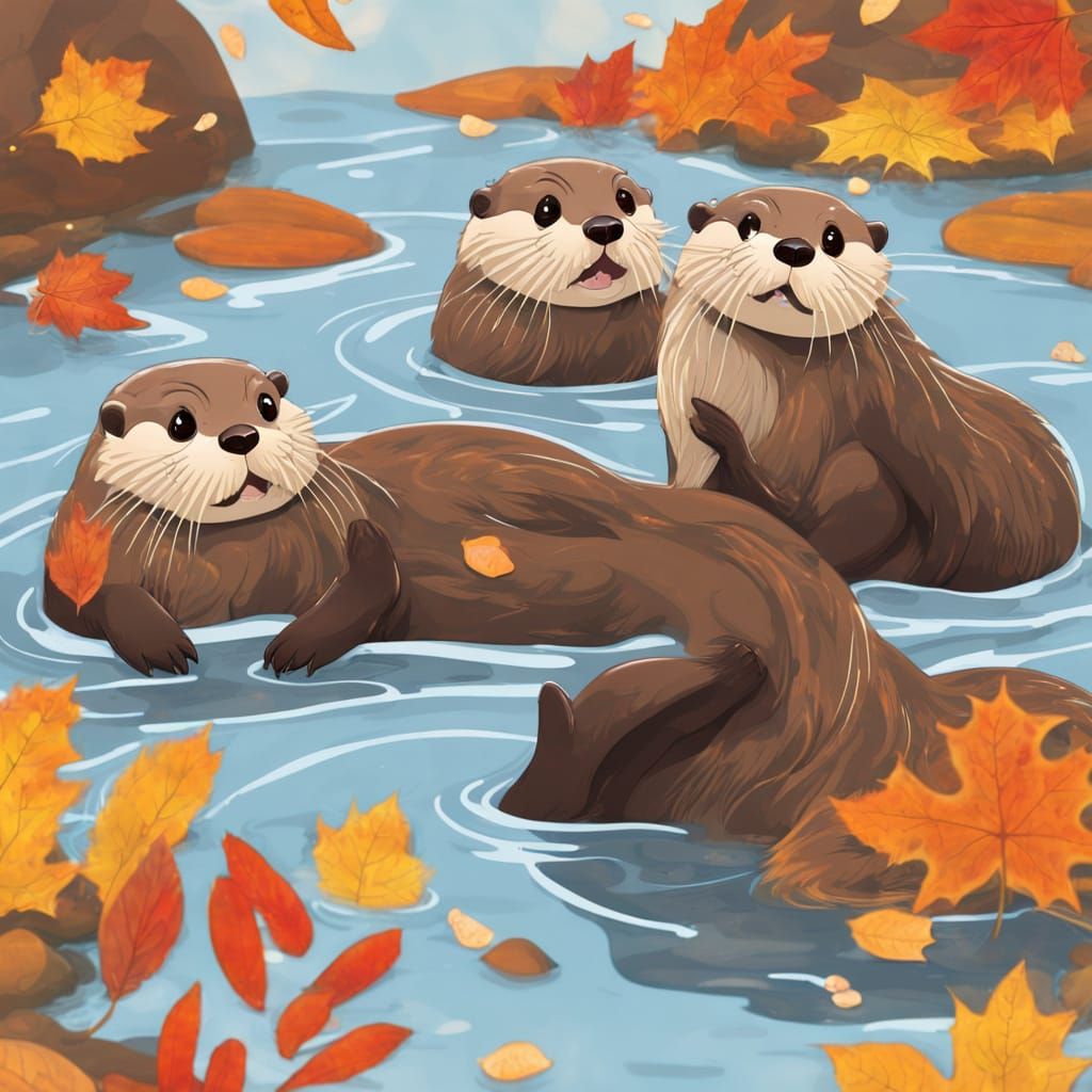 Otters Swimming in Autumn Landscape