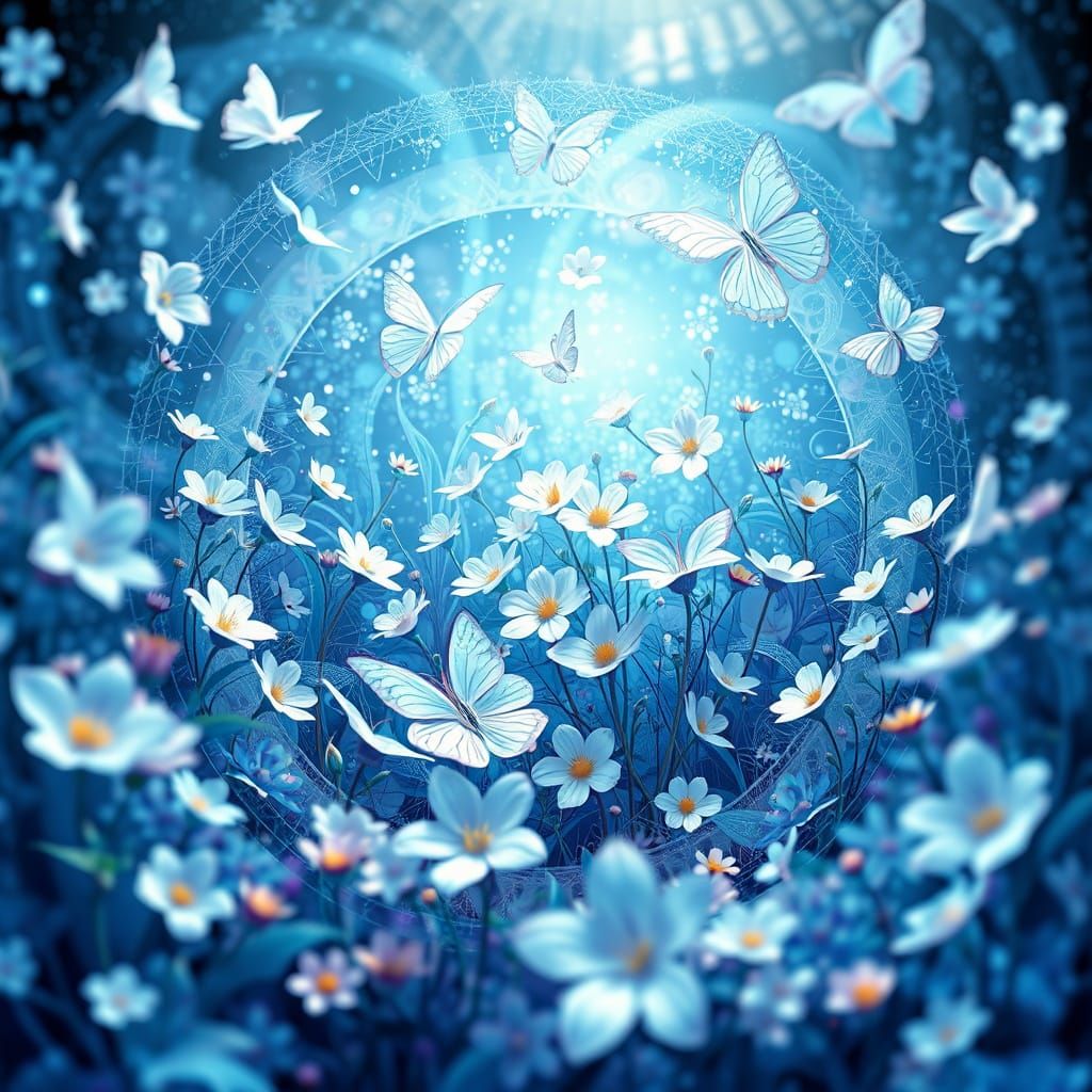 Blue Flowers and Butterflies in Futuristic Garden
