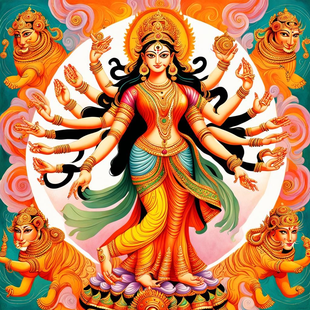Goddess Durga with Eight Arms in Pastel Colors