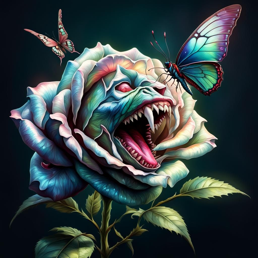 Carnivorous Rose Consumes Butterfly with Razor Teeth