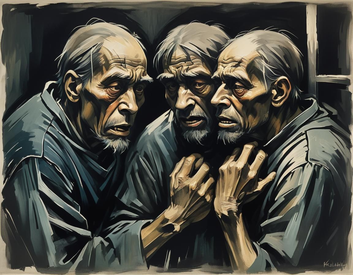 Expressionist Prisoners in Dark Cell, Käthe Kollwitz Style