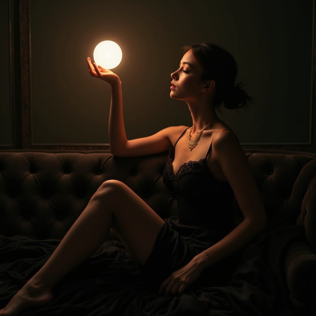 Elegant Woman with Glowing Orb in Photo-Realism