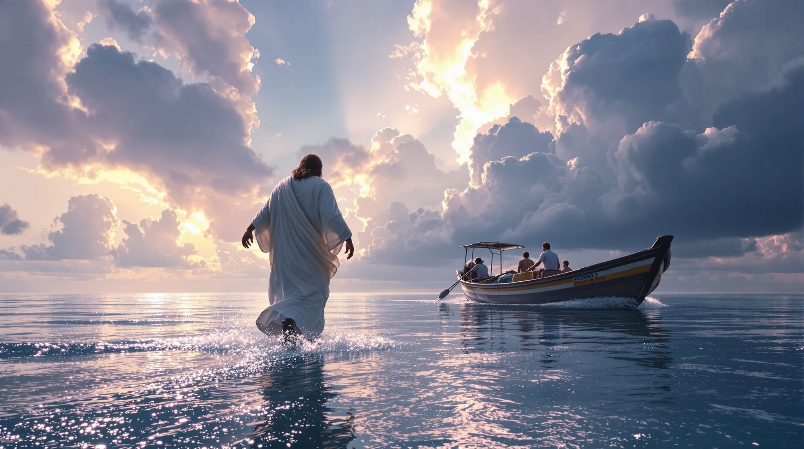 Jesus Walks on Water Towards Boat