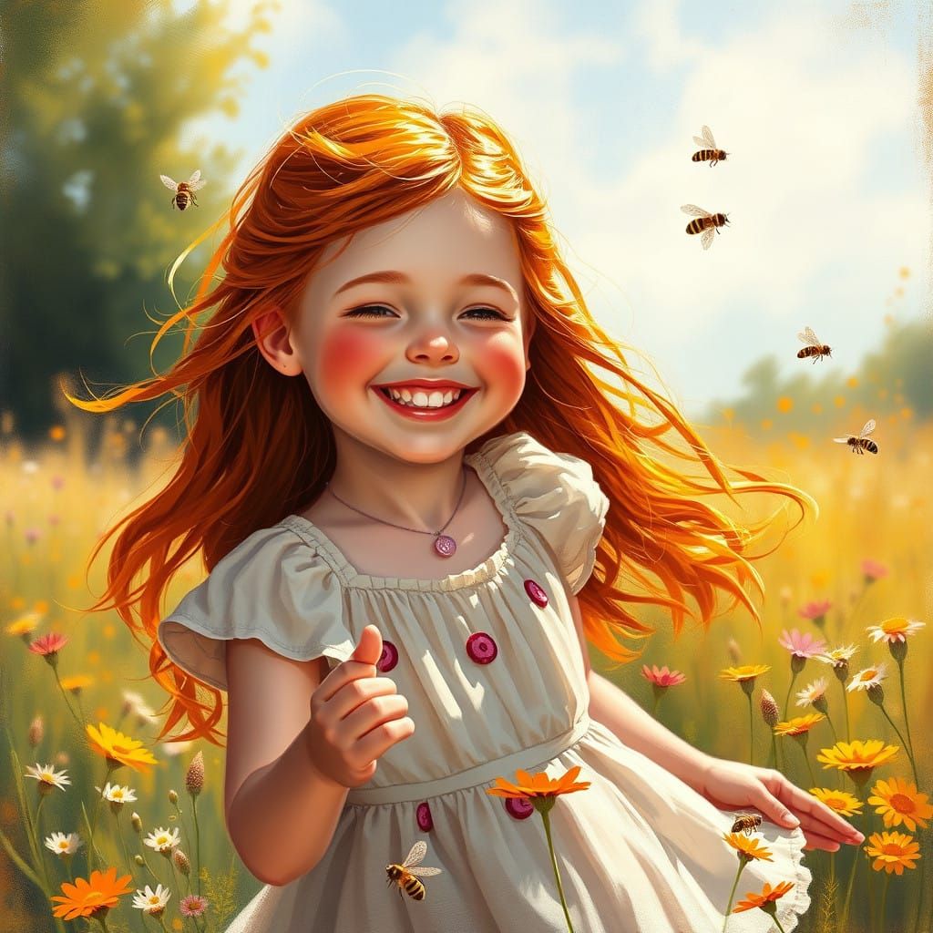 Charming Redhead Dances in Sunlit Meadow with Playful Innoce...