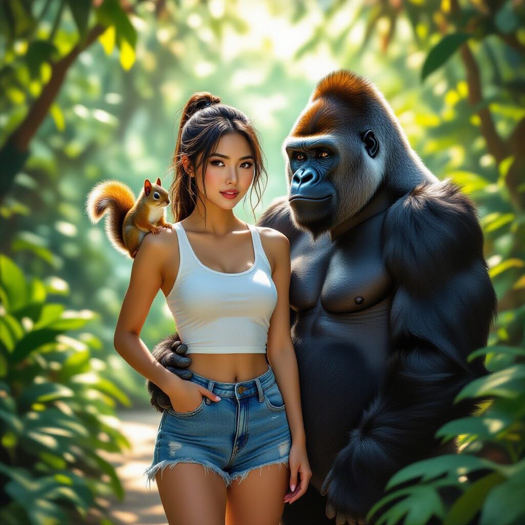 Asian Woman in Garden City with Squirrel and Gorilla