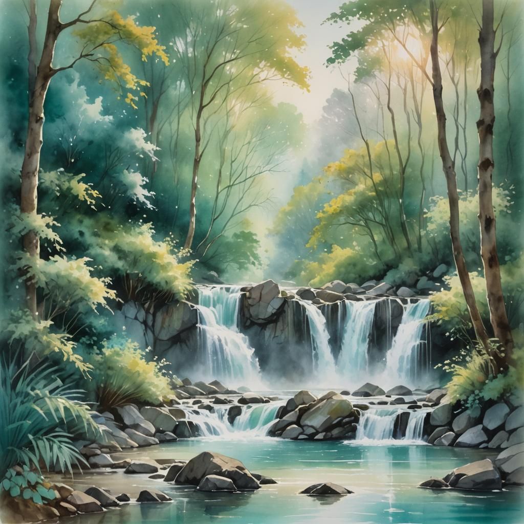Mystical Waterfall in Tranquil Watercolour Landscape