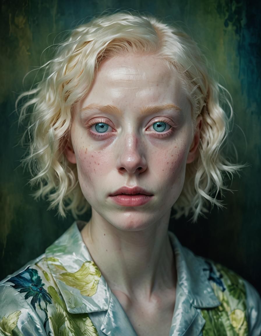 Albino Woman Portrait with Heterochromia in Digital Art Styl...