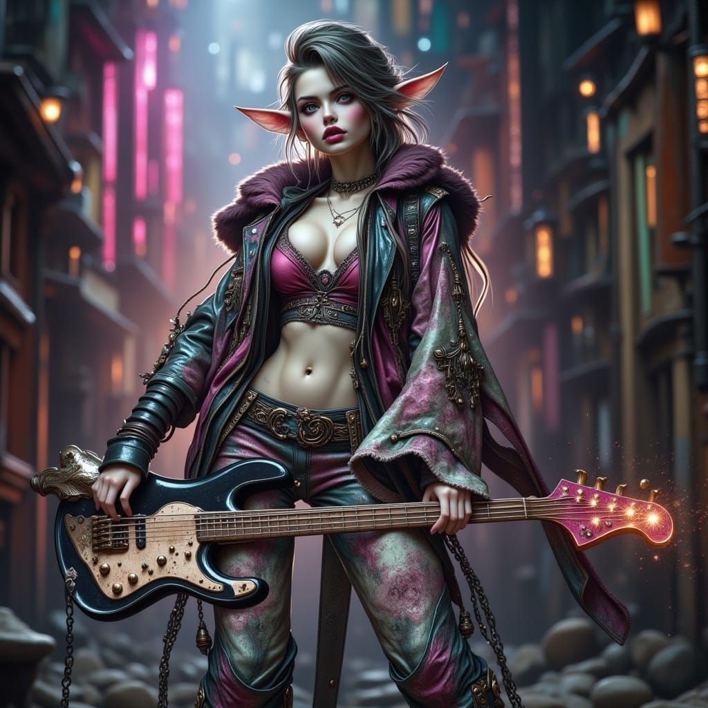 Muscular Punk Rock Goblin Girl with Pink Eyes