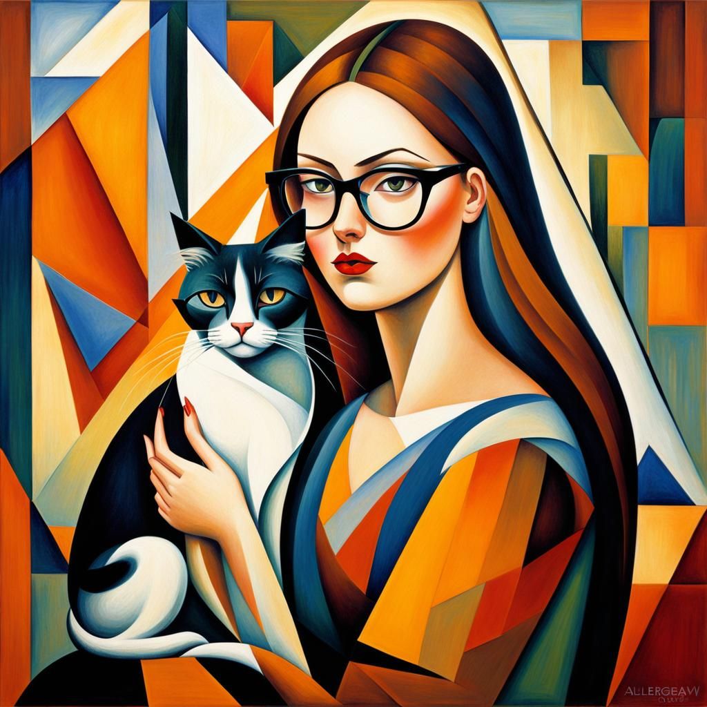 Redhead Girl with Cat in Cubist Style