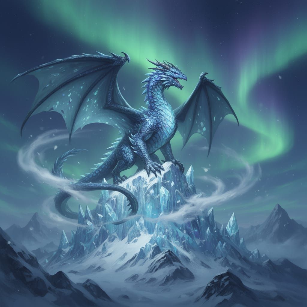 Majestic Dragon on Frozen Peak Under Aurora