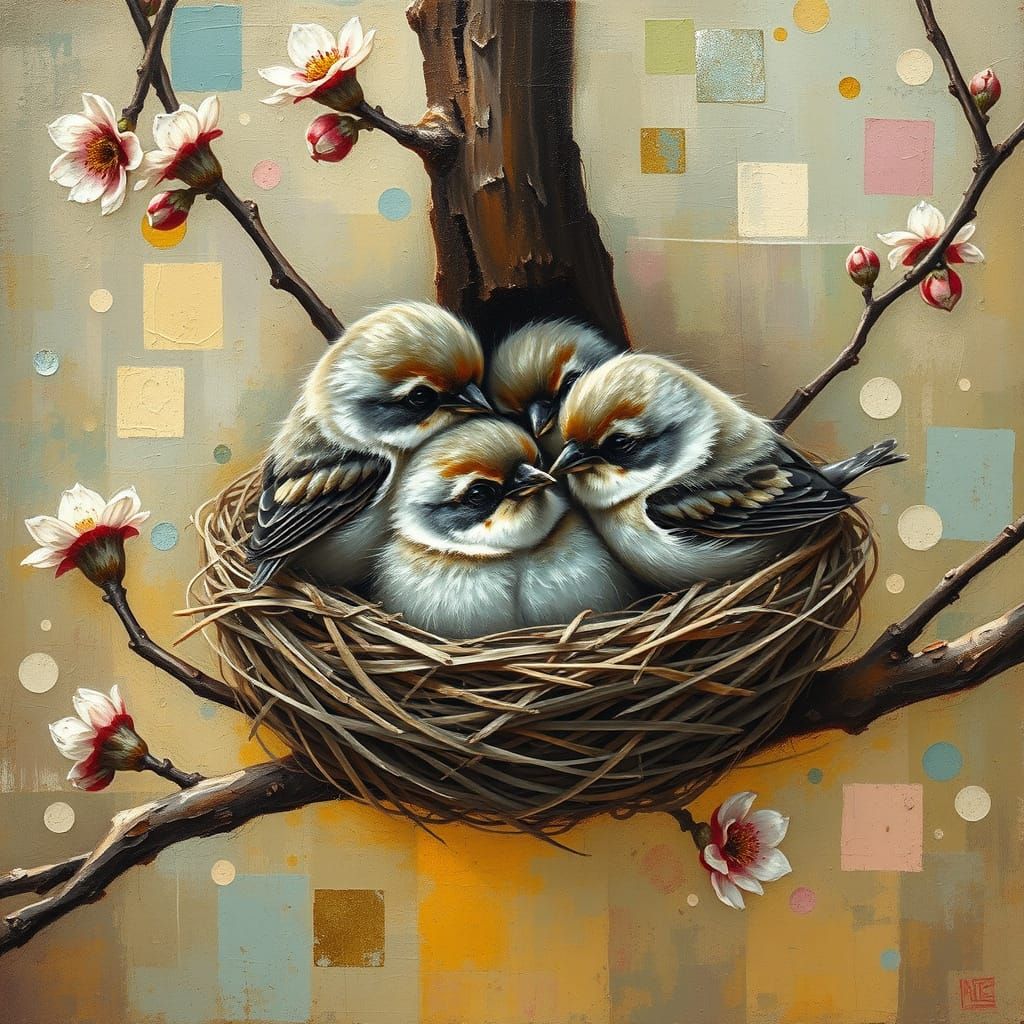 Sparrows Gather in Vibrant Springtime Nest