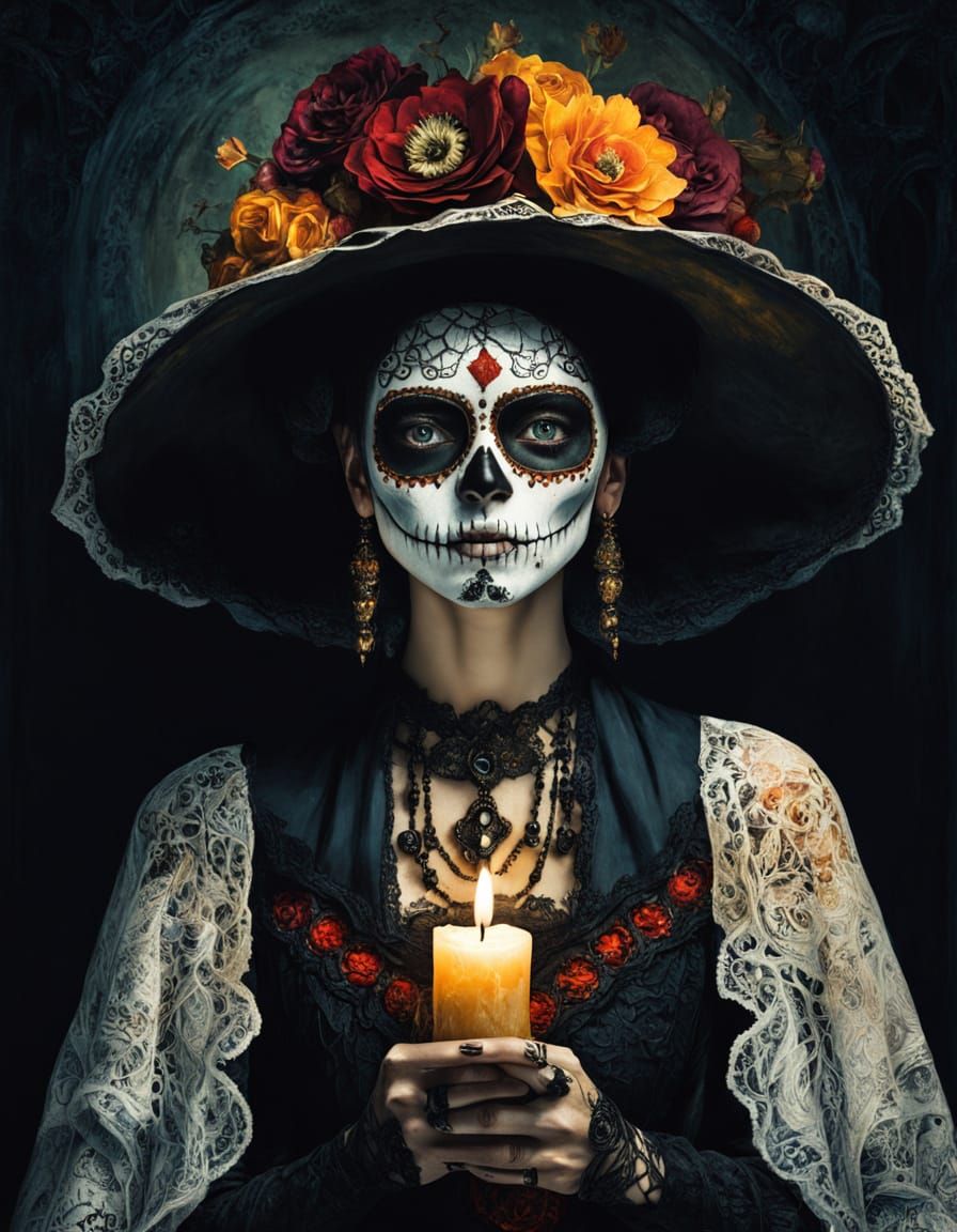 Elegant Catrina with Candle, Surreal Oil Painting