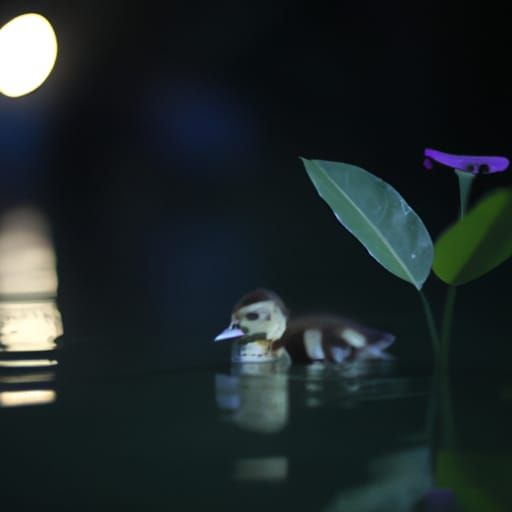Duckling Bathes in Moonlit Pond: Photography