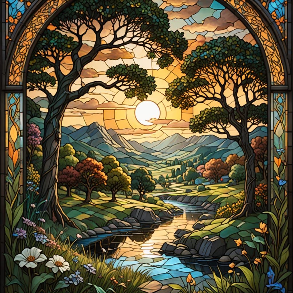 Blend new age gothic bucolic scene, river, hills, grass, sun, sky, tree, animals stained glass, 3d blender emboss, debos...