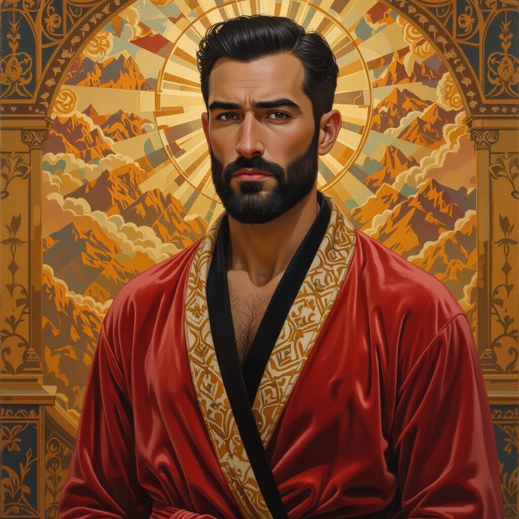 Sad Angry Nobleman with Golden Halo in Mountain Forest