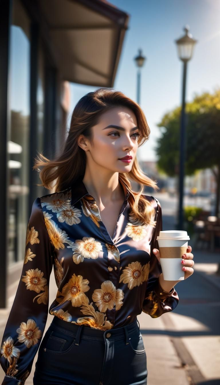 Woman in Floral Satin Blouse, Hyperrealistic Photo