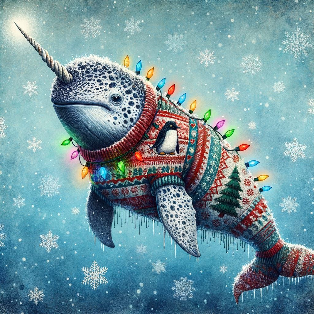 Narwhal in Festive Holiday Sweater and Christmas Lights