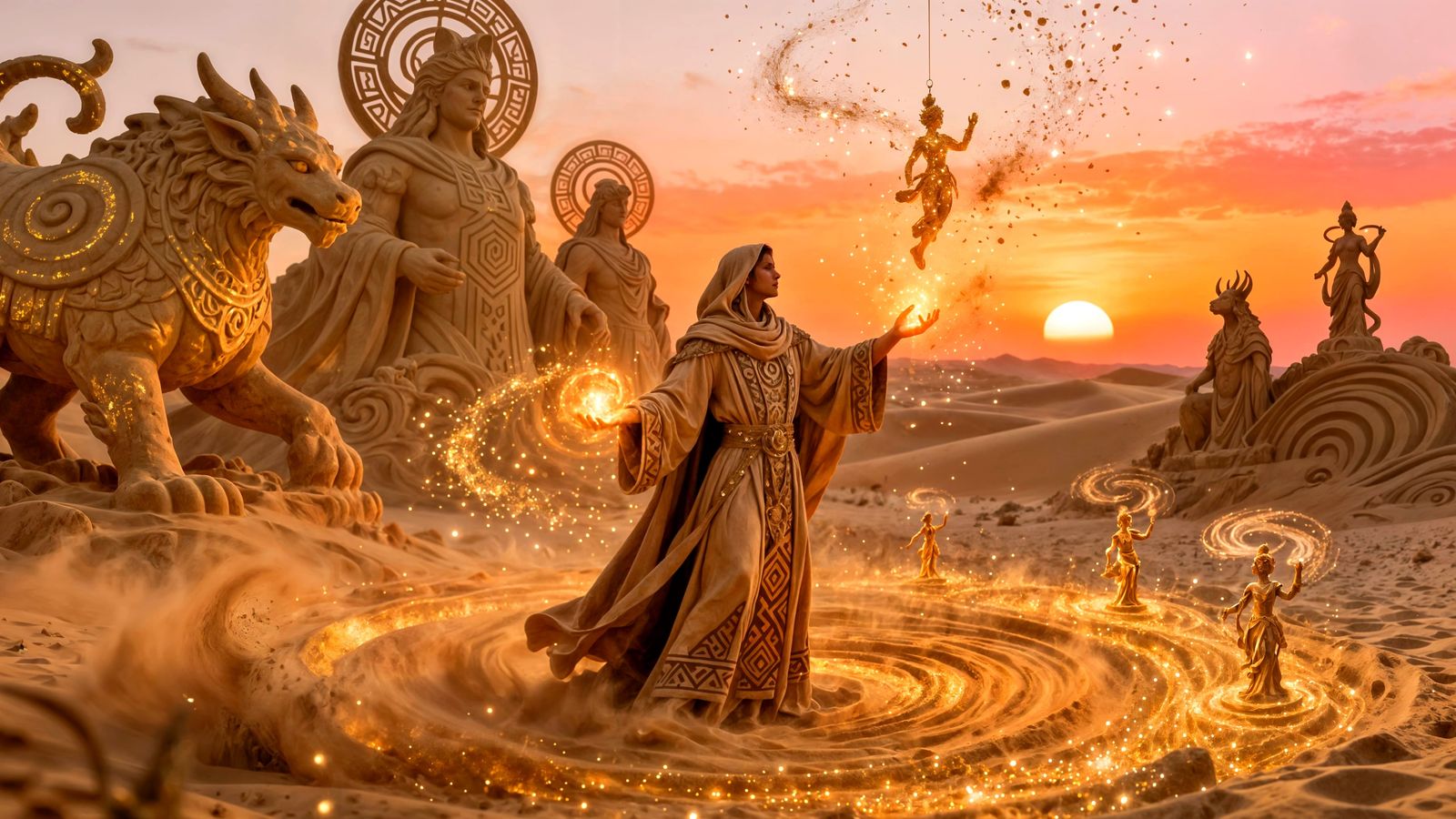 Desert Mage Sculpting Living Sand in Golden Storm