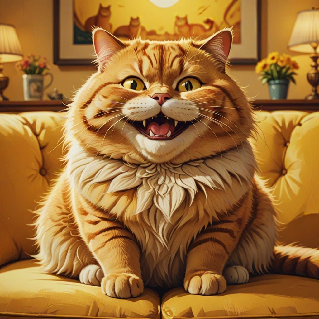 Humorous Yellow Cat with Big Smile on Sofa