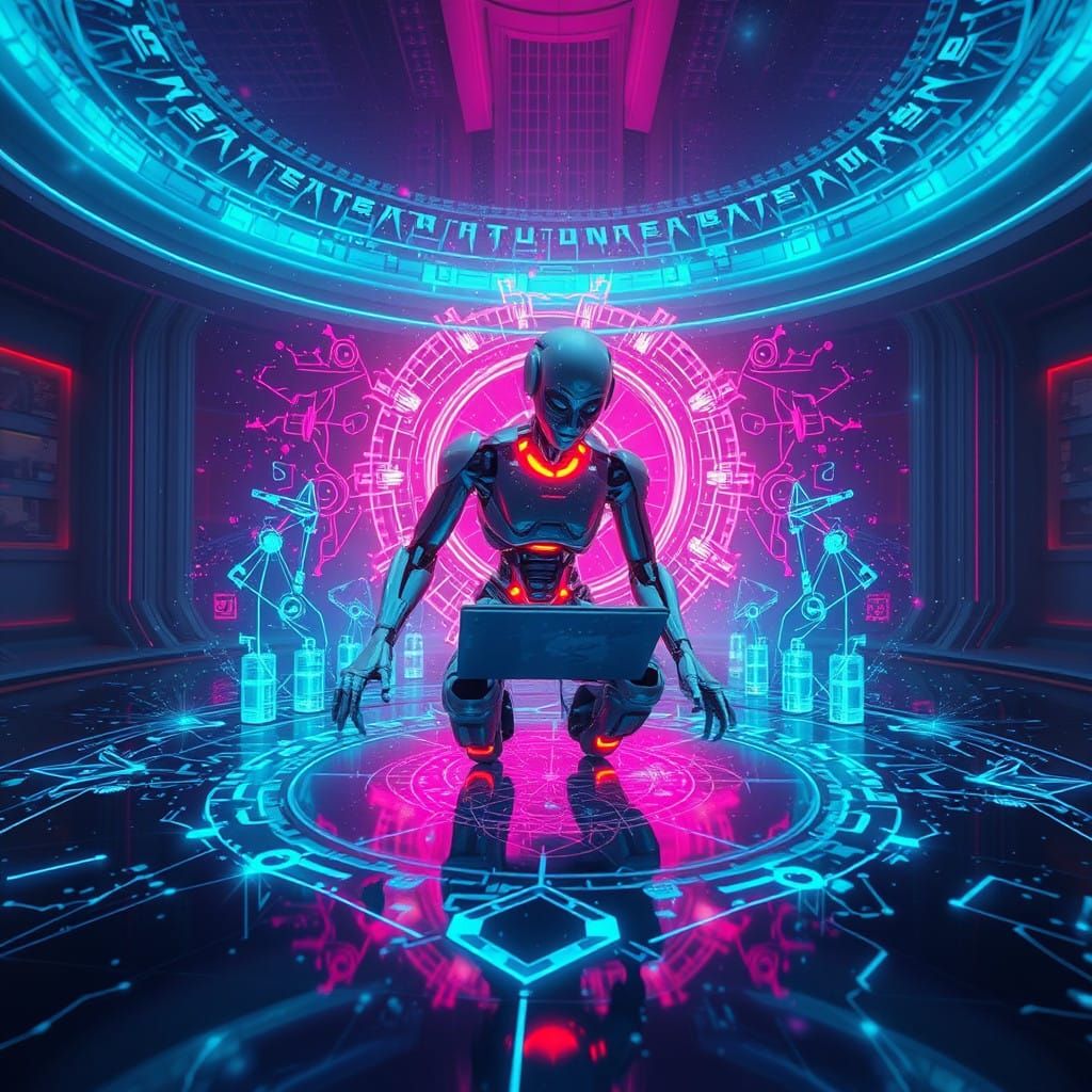 Surreal AI Robot Crafts Ethereal Hologram Masterpiece