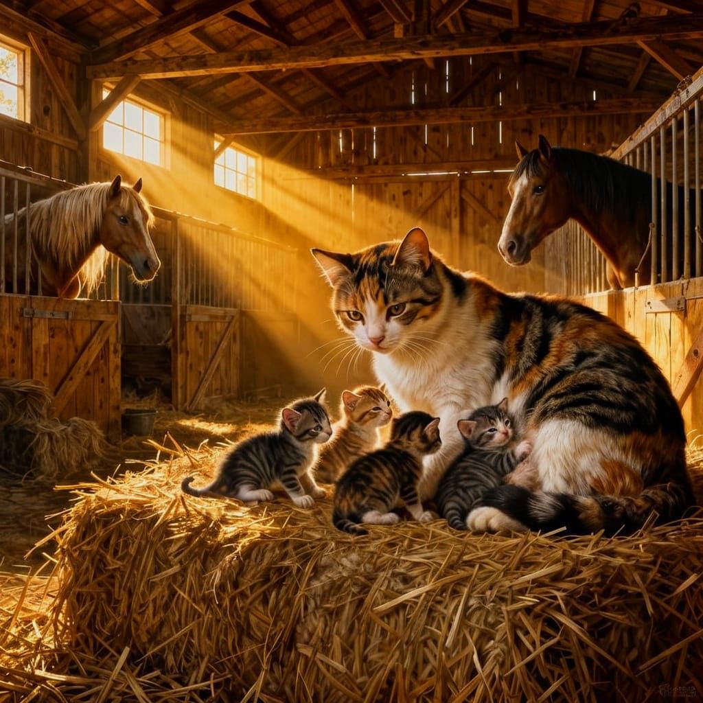 Calico Mother Cat and Kittens in Wood Barn