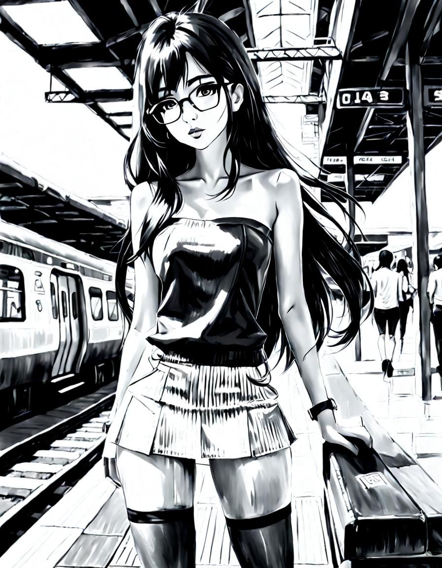 Girl at Train Station in Charcoal Black and White