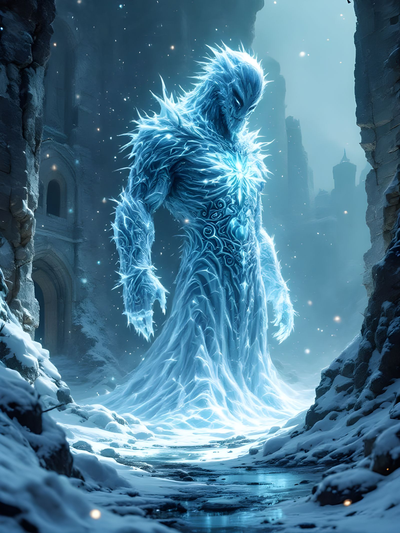 Dark Fantasy Snow Golem in Dungeons and Dragons Style