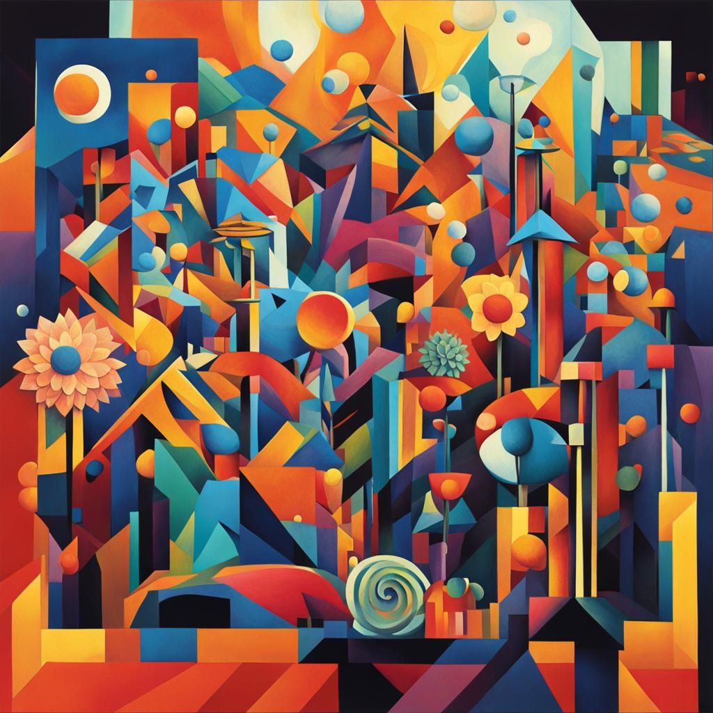 Flower Monster at Night Parade in Cubist Style