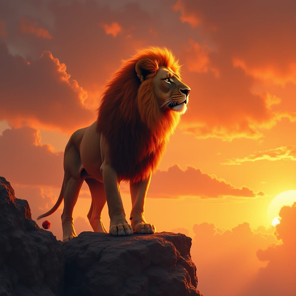 Fiery Lion at Sunset: Hyperrealistic Digital Painting