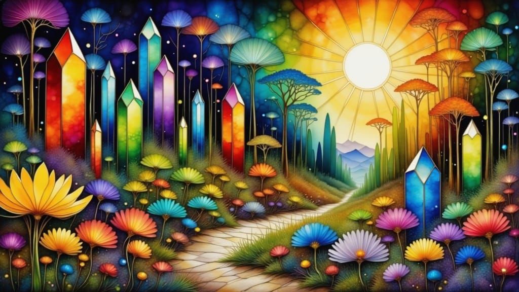 Sunlit Crystal Pathway in Vibrant Moss and Flowers