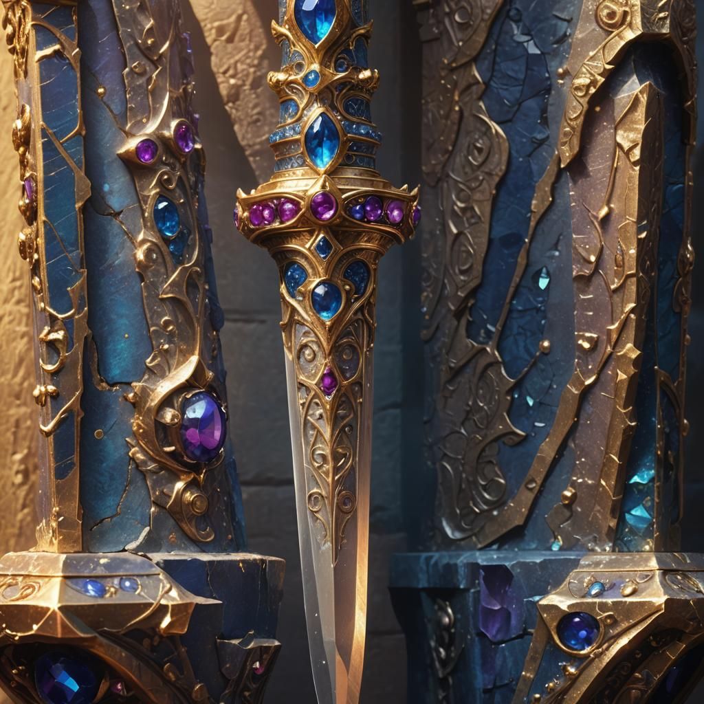 Glistening Jeweled Dagger on Ancient Pedestal