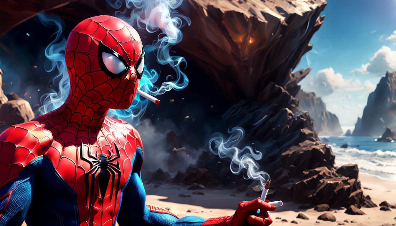 Spiderman smoking at beach party