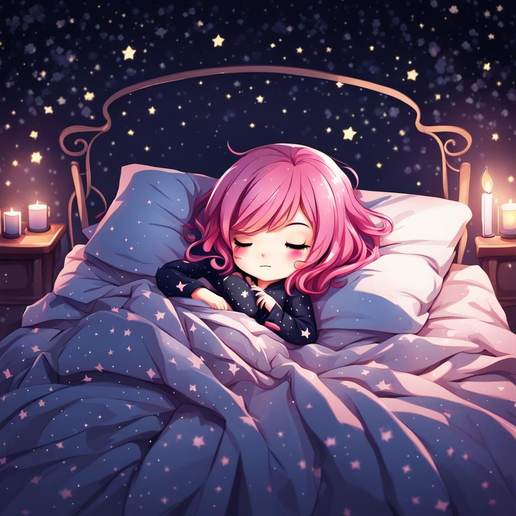 Pink-Haired Girl Sleeping in Starry Night, Chibi Style