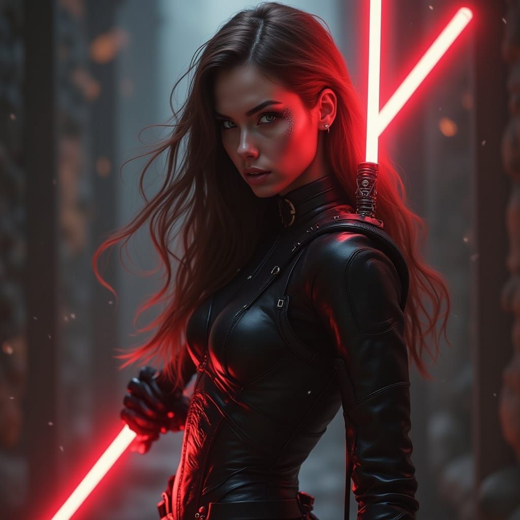Cyberpunk Female Warrior Unleashes Fury with Red Lightsaber