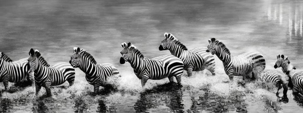 Zebras in Pond: Black and White Oil Painting