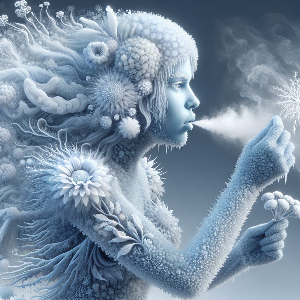 Ice Crystal Woman Breathes Frost onto Flowers