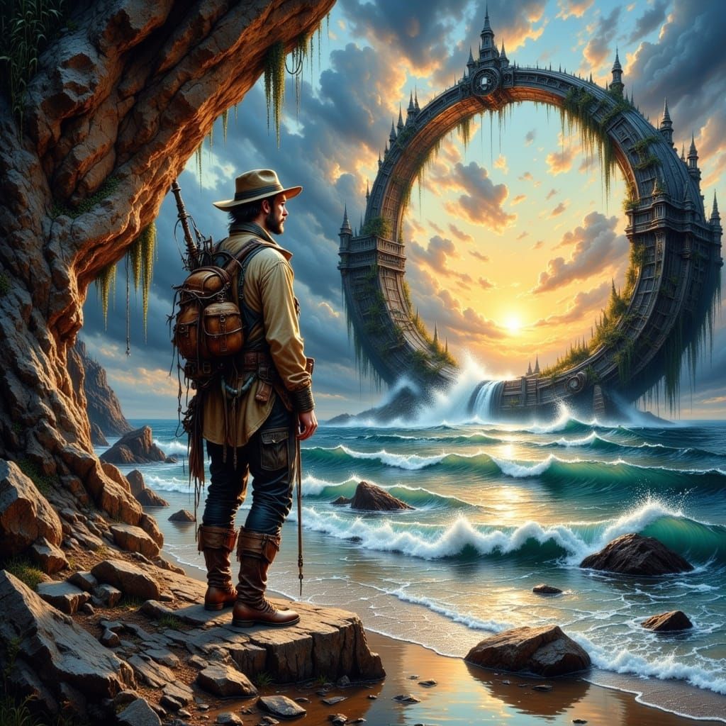 Fisherman Gazing at Iridescent Ocean Portal