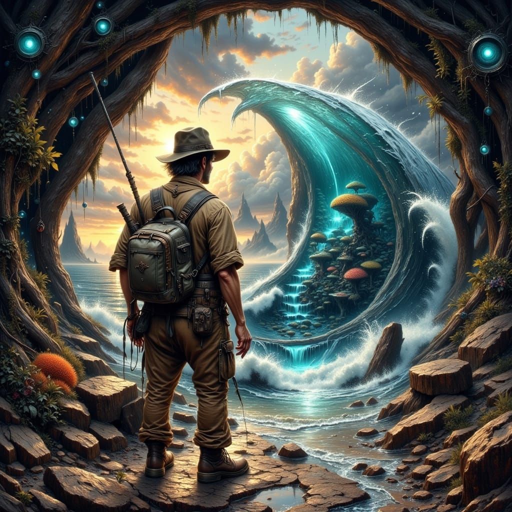 Fisherman Gazing Through a Glowing Portal